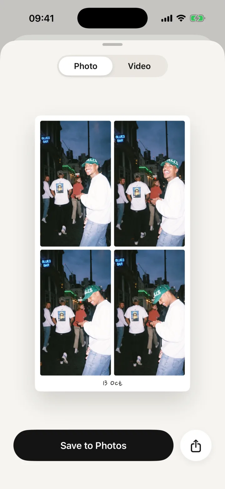 Inbetween share sheet: a strip as a photo or a video, Save to Photos and share