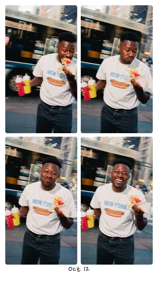 A strip of 4 photos: a man eating a hot dog on a New York street