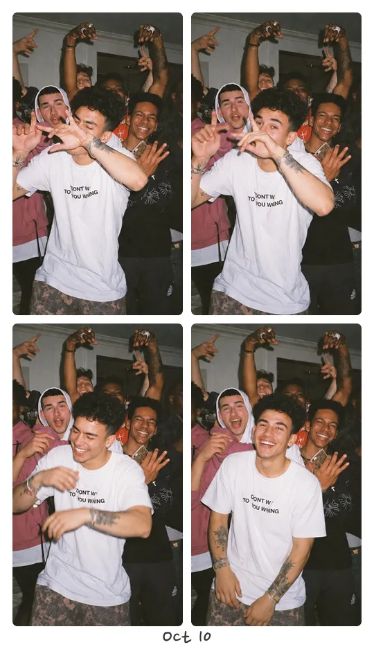 A strip of 4 photos: a young man dancing at a party