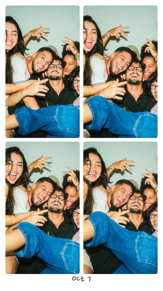 A strip of 4 photos: friends piled on a couch, laughing