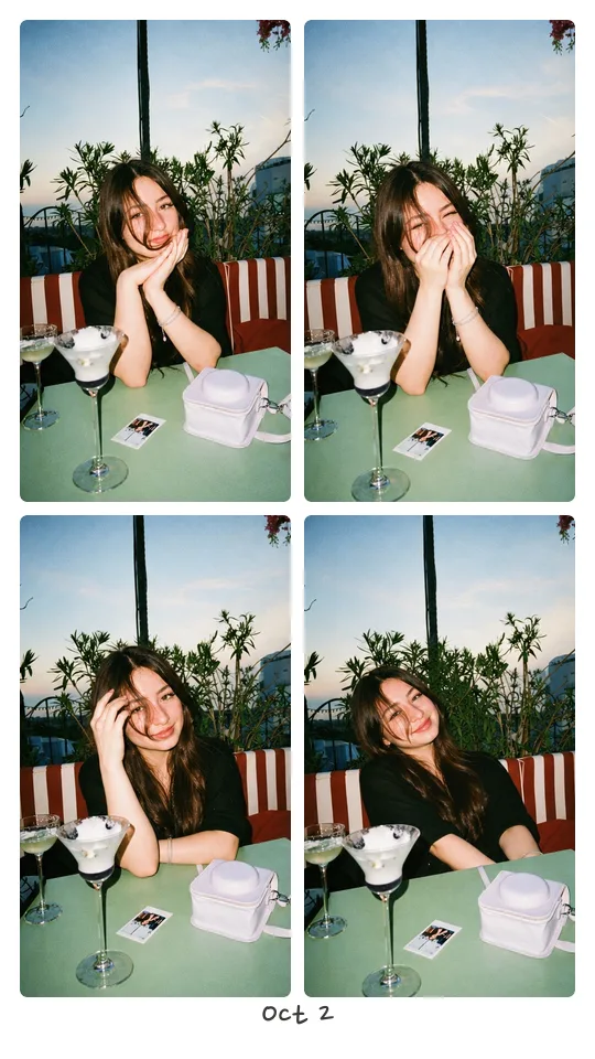 A strip of 4 photos: a woman laughing at a café table