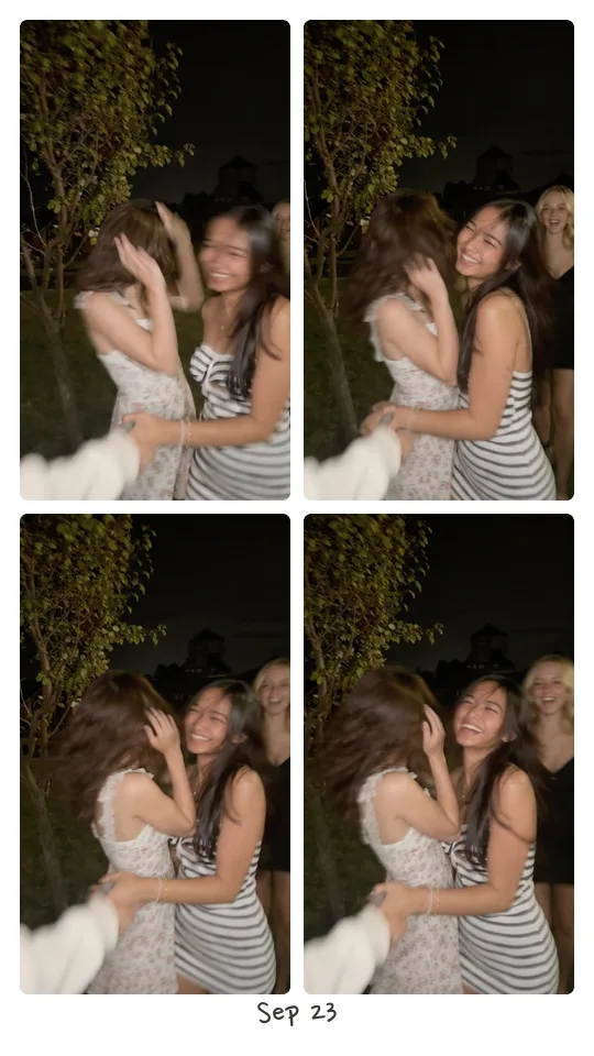 A strip of 4 photos: two friends hugging and laughing at night